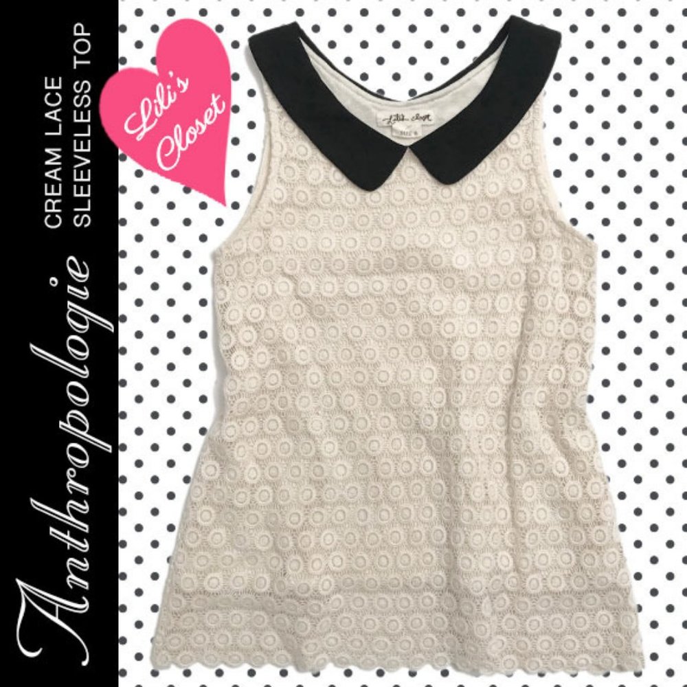 Anthropologie Cream Lace Sleeveless Top With Black Collar Size S